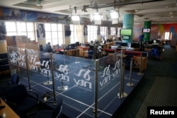 A studio on the newsroom floor of the NTV channel is seen, which was shut down by the Kenyan government because of its coverage of opposition leader Raila Odinga's symbolic presidential inauguration this week, at the Nation group media building in Nairobi