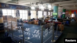 A studio on the newsroom floor of the NTV channel is seen, which was shut down by the Kenyan government because of its coverage of opposition leader Raila Odinga's symbolic presidential inauguration this week, at the Nation group media building in Nairobi, Kenya, Feb. 1, 2018. 