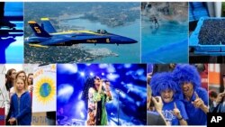 Combination of photos showing the color classic blue. The Pantone Color Institute has named Classic Blue as its color of the year for 2020.