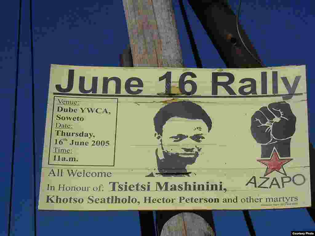 An anti-apartheid protester killed by the earlier white supremacist government graces a poster at an AZAPO rally held in his honor. (Courtesy AZAPO)