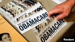 A Tea Party member reaches for a pamphlet titled "The Impact of Obamacare," at a "Food for Free Minds Tea Party Rally" in Littleton, New Hampshire in this October 27, 2012 file photo. 