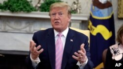 President Donald Trump speaks while meeting with Egyptian President Abdel Fattah el-Sisi in the Oval Office of the White House, April 9, 2019, in Washington. 