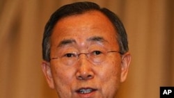 U.N. Secretary-General Ban Ki-moon addresses reporters during a joint press conference with Thai Prime Minister Yingluck Shinawatra (not shown) at the Government House in Bangkok, Thailand on Wednesday Nov. 16, 2011.