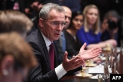 NATO Secretary-General Jens Stoltenberg speaks during a meeting with U.S. President Donald Trump at the White House in Washington, April 2, 2019.