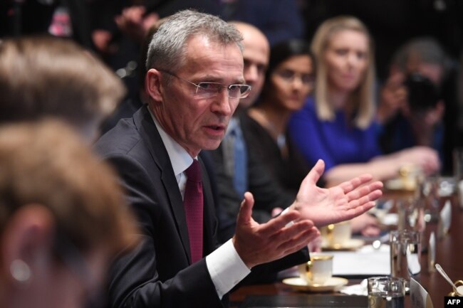 NATO Secretary-General Jens Stoltenberg speaks during a meeting with U.S. President Donald Trump at the White House in Washington, April 2, 2019.