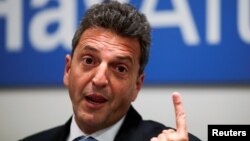 Argentine politician and potential 2019 presidential candidate, Sergio Massa, gestures during a news conference with members of the foreign media at his offices in Buenos Aires, Argentina, April 16, 2019.
