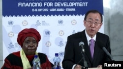 U.N. Secretary-General Ban Ki-moon (R), next to African Union Commission Chairperson Nkosazana Dlamini-Zuma, addresses a news conference during the Third International Conference on Financing for Development in Ethiopia's capital Addis Ababa, July 13, 2015