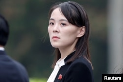 FILE PHOTO: Kim Yo Jong, sister of North Korea's leader Kim Jong Un attends wreath laying ceremony at Ho Chi Minh Mausoleum in Hanoi