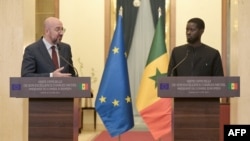 FILE—Charles Michel, President of the European Council, speaks during a press conference with Senegalese President Bassirou Diomaye Faye on 22 April 2024 at the Palais de la Republique in Dakar after their meeting.