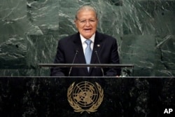 El Salvador's President Salvador Sanchez Ceren addresses the 71st session of the United Nations General Assembly, at U.N. headquarters, Sept. 22, 2016.