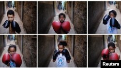 A combination picture shows children posing for a photograph at a boxing school in the Mare favela of Rio de Janeiro, Brazil, June 2, 2016.