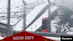 A general view of the Russki Gorki Ski Jumping Center in Krasnaya Polyana near Sochi, Russia, Jan. 21, 2014.