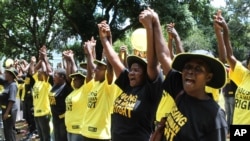 FILE - Residents of various townships across Zimbabwe hold hands during an Amnesty International event in Harare, Zimbabwe, March 23, 2012.