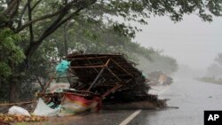 Street shops are seen collapsed because of gusty winds ahead of the landfall of Cyclone Fani on the outskirts of Puri, in the Indian state of Odisha, May 3, 2019. Indian authorities have evacuated hundreds of thousands of people ahead the cyclone.