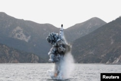 FILE - An underwater test-firing of a strategic submarine ballistic missile is seen in this undated photo released by North Korea's Korean Central News Agency (KCNA) in Pyongyang, April 24, 2016.
