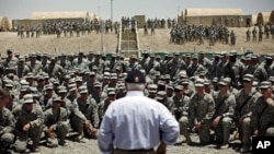 U.S. Secretary of Defense Robert Gates addresses troops at Forward Operating Base (FOB) Sharana in Paktika Province, Afghanistan, June 6, 2011