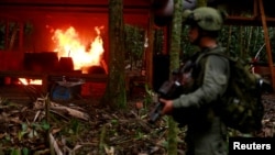  A Colombian anti-narcotics policeman stands guard after burning a cocaine lab, which police said belongs to criminal gangs, in a rural area of Colombia, August 2, 2016. Colombia, one of the world's top cocaine producers, sold $2 billion in illegal drugs inside its own borders last year. 