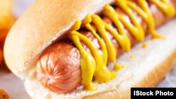 A hotdog with mustard