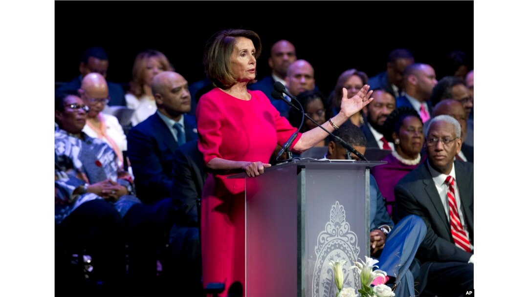 House Minority Leader Nancy Pelosi, D-Calif., speaks during Congressional Black Caucus members swearing-in ceremony of the 116th Congress at The Warner Theatre in Washington, Thursday, Jan. 3, 2019.