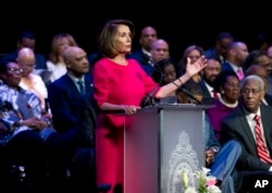 House Minority Leader Nancy Pelosi, D-Calif., speaks during Congressional Black Caucus members swearing-in ceremony of the 116th Congress at The Warner Theatre in Washington, Thursday, Jan. 3, 2019.