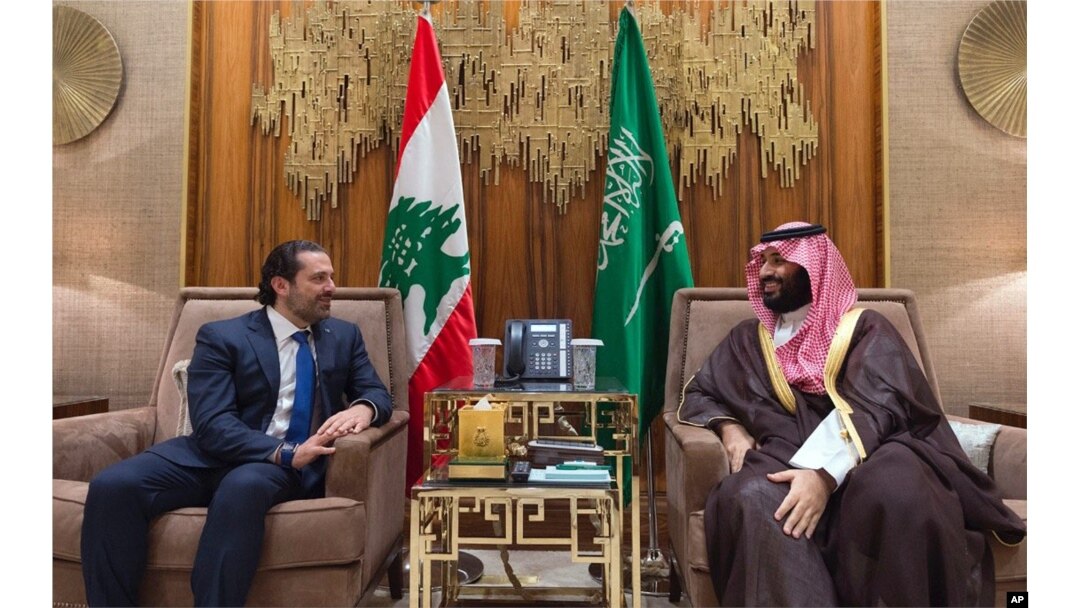 FILE - In this Oct. 30, 2017 photo, Saudi Crown Prince Mohammed bin Salman, right, meets with Lebanese Prime Minister Saad Hariri in Riyadh, Saudi Arabia.