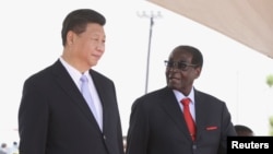 Chinese President Xi Jinping talks with Zimbabwean President Robert Mugabe on arrival for a state visit in Harare, Zimbabwe, Dec. 1, 2015. 