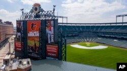 In this aerial photo, Oriole Park at Camden Yards is closed on what would've been Opening Day, March 26, 2020, in Baltimore, Md.