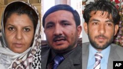 محی الدین نوری سخنگوی والی هرات (راست)، معروف فضلی رییس حزب افغان ملت در هرات (وسط) و گلثوم صدیقی مسئول بنیاد زنان حقوقدان در ولایت هرات (چپ)