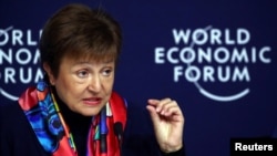 Bà Kristalina Georgieva, giám đốc điều hành Quỹ Tiền tệ Quốc tế (IMF) trong cuộc họp báo của Diễn đàn Kinh tế Thế giới tại Davos, Thụy Sĩ ngày 20/1/2020.