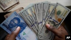 FILE - A man display U.S. $100 bills alongside Nigerian currency at the craft and art market in Lagos, Nigeria, on Wednesday, Aug. 16, 2023 Many developing countries are fed up with America's dominance of the global financial system — and especially the power of the dollar.