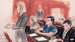 FILE - In this Feb. 11, 2015, courtroom sketch, Assistant U.S. Attorney Anna Skotko, foreground left, addresses the court at the arraignment of Russian citizen Evgeny Buryakov.