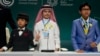 From left, Huang Jiangcheng of China, Fareed Mohammed Felemban of Saudi Arabia and Thanh Theerapasiri of Thailand, are pictured after speaking at a youth session during the COP29 U.N. Climate Summit, Nov. 18, 2024, in Baku, Azerbaijan.