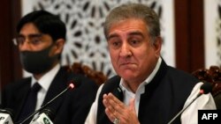 Pakistan's Foreign Minister Shah Mahmood Qureshi speaks during a press conference at the Foreign Ministry in Islamabad on Aug. 24, 2020. 