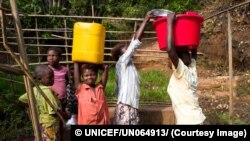 Le 19 mai 2017, des femmes et des enfants puisent de l'eau d'une source aménagée par l'UNICEF à Tshinyama, un petit village proche de Miabi, près de Kananga, dans la province du Kasaï Orientale, en RDC.
