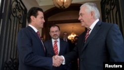Mexico's President Enrique Pena Nieto shakes hands with U.S. Secretary of State Rex Tillerson at Los Pinos presidential residence in Mexico City, in this photograph from the Mexico Presidency, Feb. 2, 2018.