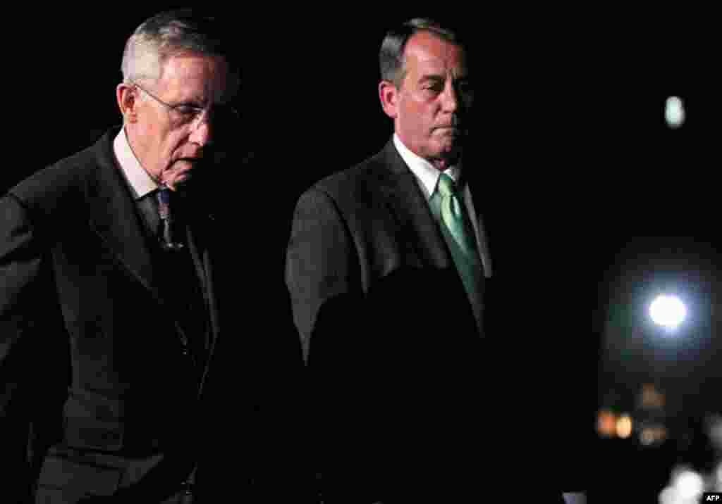 April 6: House Speaker John Boehner, R-Ohio, and Senate Majority Leader Harry Reid, D-Nev., walk out to speak to reporters after their meeting at the White House with President Obama regarding the budget and possible government shutdown. (AP)