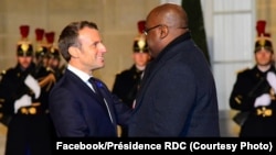 Président Félix Tshisekedi ayambami na mokokani wa ye ya ekolo France Emmanuel Macron na ndako ya bokonzi Elysée, Paris, 11 novembre 2019. (Facebook/Présidecene RDC)