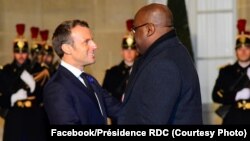 Président Félix Tshisekedi ayambami na mokokani wa ye ya ekolo France Emmanuel Macron na ndako ya bokonzi Elysée, Paris, 11 novembre 2019. (Facebook/Présidecene RDC)