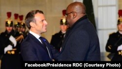 Président Félix Tshisekedi ayambami na mokokani wa ye ya ekolo France Emmanuel Macron na ndako ya bokonzi Elysée, Paris, 11 novembre 2019. (Facebook/Présidecene RDC)