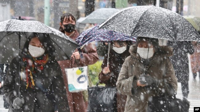 People wearing face masks to protect against the spread of the coronavirus walk on the street in the snow in Tokyo, Jan. 6, 2022.