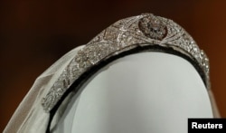 The diamond and platinum bandeau tiara worn by Meghan, Duchess of Sussex, and lent to her by Britain's Queen Elizabeth is seen ahead of the exhibition A Royal Wedding, at Windsor Castle, in Windsor, Britain, Oct. 25, 2018.