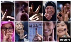 A combination picture shows people raising their finger after voting during an election for Jakarta's governor in Jakarta, Indonesia February 15, 2017.