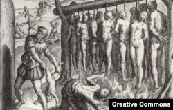 "...and they burned the Indians alive.' Illustration by Theodor de Bry, published in 1552 in 'A Short Account of the Destruction of the Indies', written by Spanish friar Bartolomé de las Casas in 1542