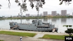 FILE - The USS Pueblo, which was captured by North Korea in 1968, is exhibited in the Daedong River in Pyongyang. (Sungwon Baik/VOA)