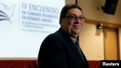 Cuban Foreign Minister Bruno Rodriguez arrives at the fourth conference with Cuban residents in the United States at Howard University Hospital in Washington, Oct. 28, 2017.