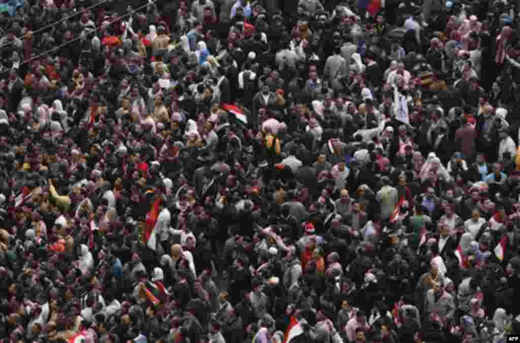 Anti-government protesters demonstrate in Tahrir Square in Cairo, Egypt, Thursday, Feb. 10, 2011. President Hosni Mubarak refused to step down or leave the country and instead handed his powers to his vice president Thursday, remaining president and ensur