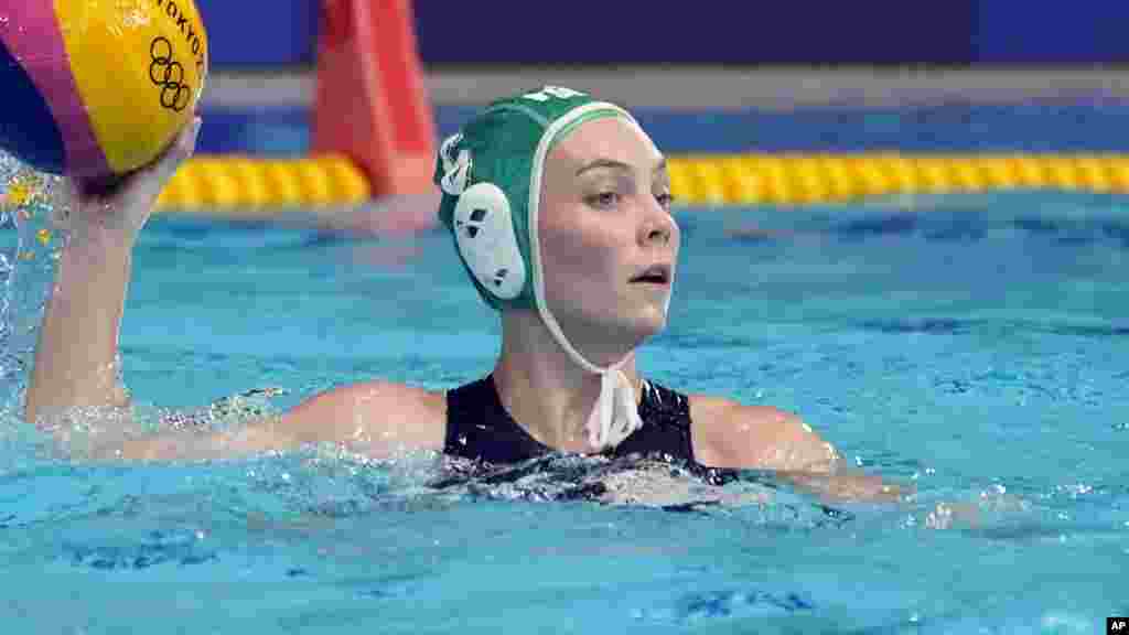 South Africa's Amica Hallendorff plays against Canada during a preliminary round women's water polo match at the 2020 Summer Olympics, Wednesday, July 28, 2021, in Tokyo, Japan. (AP Photo/Mark Humphrey)