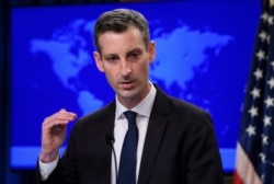 State Department spokesperson Ned Price speaks during a press briefing at the State Department in Washington, Feb. 2, 2021. (Nicholas Kamm/Pool via AP)