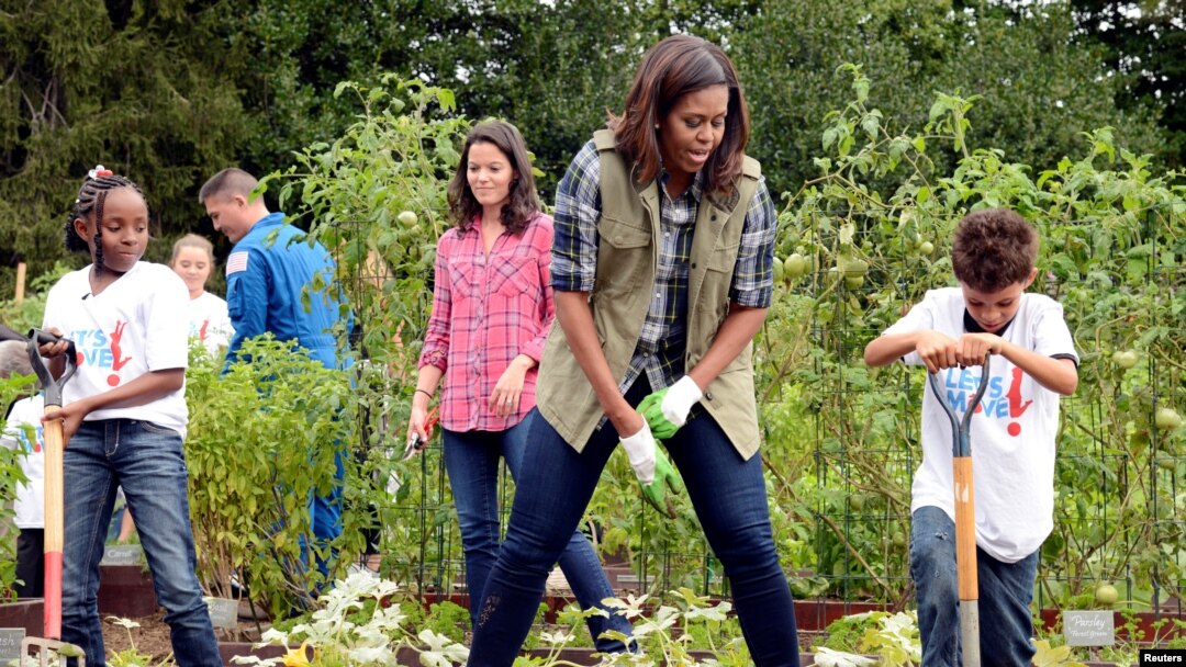 Ibu negara Michelle Obama dibantu murid-murid sekolah memanen sayuran di kebun dapur Gedung Putih (6/10). 