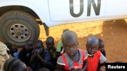 Children of displaced families are seen camped inside Tomping U.N. base near Juba international airport, Dec. 24, 2013.